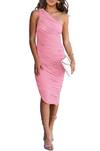 PRETTYGARDEN One Shoulder Dresses for Women 2025 Summer Ruched Mesh Asymmetrical Cocktail Wedding Guest Bodycon Dress (Pink,X-Large) - Image 1
