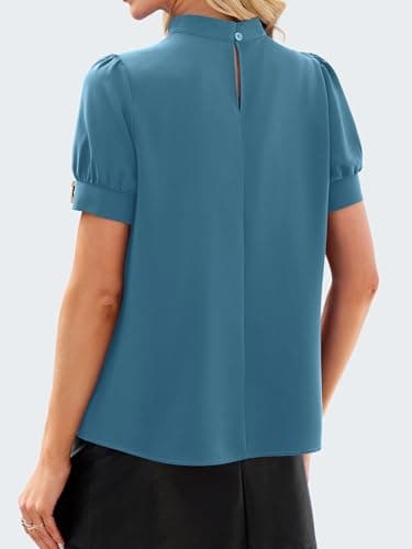 Funlingo Short Sleeve Shirts for Women Puff Sleeve Mock Neck Business Casual Tops Summer Dressy Work Shirts Fashion 2026 Grey Blue S - Thumbnail 4