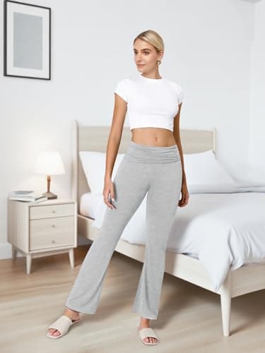 COPYLEAF Flare Leggings for Women Fold Over Yoga Pants Stretch Bell Bottom Y2K Lounge Casual Sweatpants(Light Grey S) - Thumbnail 4
