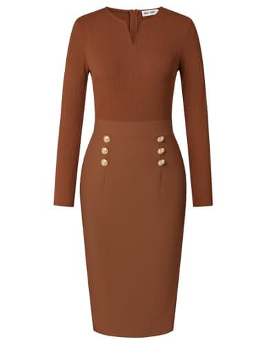 GRACE KARIN Women's 2026 Fall Henly V Neck Business Work Dress Long Sleeve Bodycon Midi Elegant Office Sheath Dress Brown Large - Image 1