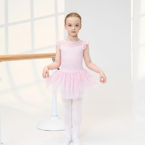 Girls Ballet Leotards 3 Pcs Set Ruffle Sleeve Dance Dress with Removable Tutu & Scrunchy Bow Back Combo Size 9-10 Pink - Thumbnail 2