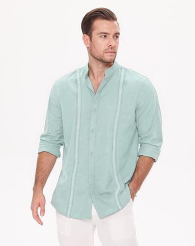 JEKAOYI Mens Linen Shirts Long Sleeve Button Down Shirts Business Dress Clothing Beach Vacation Summer Tops Mint Blue - Thumbnail 4