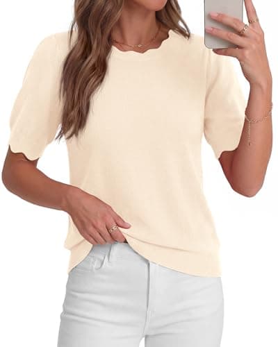 BTFBM Short Sleeve Sweater for Women 2026 Spring Summer Knit Basic Tops Lightweight Business Casual Vacation Outfits(Beige, Medium) - Image 1