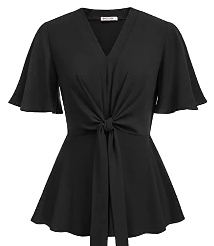 Black Peplum Tops for Women V Neck Tie Front Shirts Tops Dressy 2XL - Image 1
