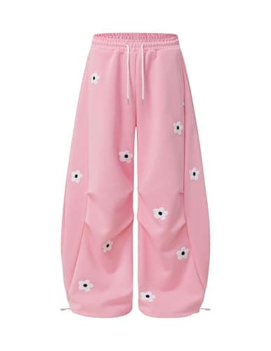 Aelfric Eden Baggy Wide Leg Sweatpants Flower Embroidery Casual Y2K Elastic Drawstring Lantern Barrel Lounge Trouser Pants Pink L