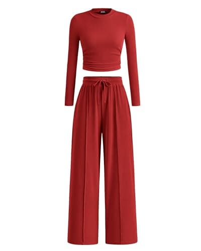 BTFBM Casual 2 Piece Sets For Women Fall Outfits 2026 Ribbed Spring Long Sleeve Crop Top Wide Leg Pants Matching Lounge Set(Fiery Red, XX-Large) - Image 1