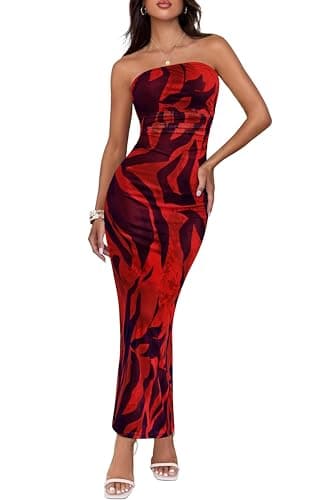 BTFBM Women Summer Strapless Maxi Dress 2026 Bodycon Floral Long Wedding Guest Dress Formal Tube Mesh Cocktail Dresses(Floral Red, Medium) - Image 1