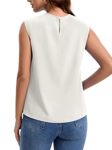 Funlingo Dressy Top for Women Summer Trendy Short Sleeve Blouses Crew Neck Pleated Business Casual Shirts Interview Work Clothes L White - Thumbnail 5