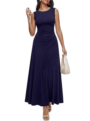 MASCOMODA Summer Casual Sleeveless Maxi Dresses for Women 2026 Spring Ruched A Line Flowy Tank Beach Vacation Long Sundress(Navy Blue,XX-Large) - Image 1