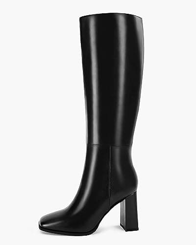 Coutgo Womens Wide Calf Knee High Boots Chunky High Heel Square Toe Fashion Leather Shoes with Side Zipper,Black,Size 6.5 - Thumbnail 5
