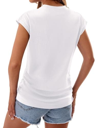 GKBK Womens T Shirts O Neck Short Cap Sleeve Cotton Tops Summer Ruched Trendy Basic Tee Shirt White XL - Thumbnail 6