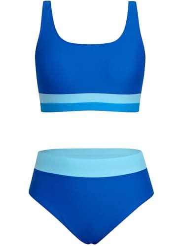 Alakuoti Girls Swimsuit Color Block Adjustable Straps Bikini Sets Teen Girl Two Piece Bathing Suits with Chest Pad Size 8 Blue - Image 1