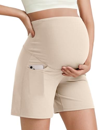 G4Free Pregnancy Shorts for Women Over The Belly Maternity Biker Shorts with Pockets High Waist Short Pants Workout(Light Khaki,S) - Image 1