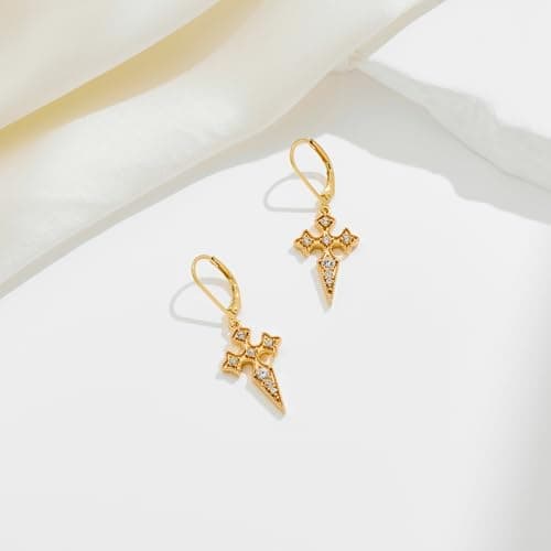 FILMOON Gold Plated Cross Dangle Earrings Religious Leverback Earrings for Women Men Vintage Style Jewelry - Thumbnail 2