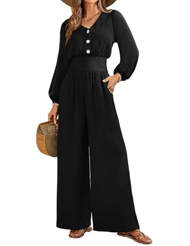 LOOKBOHO Long Sleeve Jumpsuits for Women 2026 Fall Dressy Casual V Neck High Waist One Piece Wide Leg Romper With Pockets Black X-Large - Image 1