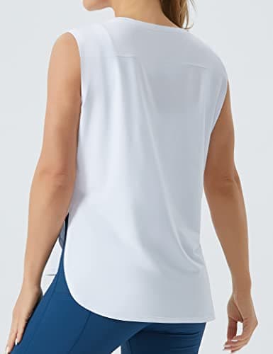 THE GYM PEOPLE Women's Workout Tank Tops Loose Fit Sleeveless Cotton Running Shirts White - Thumbnail 4