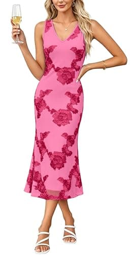 OFEEFAN Bodycon Floral Wedding Guest Dress Birthday Party Club Dresses for Women Pink S - Image 1