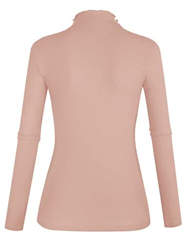 Women's Lettuce Trim Mock Neck Long Sleeve Slim Fit Ribbed Knit Tee Shirt Tops Dusty Pink L - Thumbnail 3
