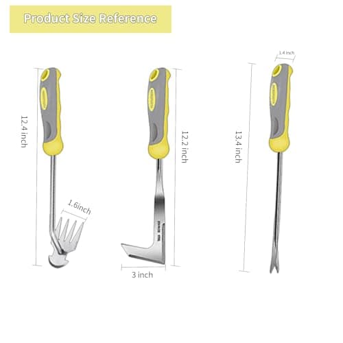 Weed Puller Tool, 3 Pack Garden Stainless Steel Manual Hand Weeder with Ergonomic Soft Grip Handle, L-Shape Crack Weeder, V-Shape Uprooting Tool & 4 Teeth Weed Puller for Lawn, Driveway, Paver Cracks - Thumbnail 3