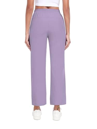 Casual Pants for Women Wide Leg Pants High Waisted Elastic Waist Drawstring Lightweight Travel Work Lounge Comfy Trousers Pants with 2 Pockets Purple L - Thumbnail 4