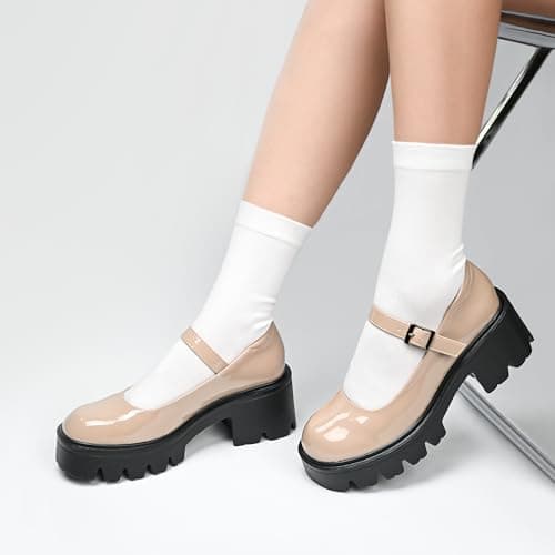 Elvora Women's Mary Jane Shoes - Platform Mary Janes for Women, Nude Leather Round Toe Chunky Dress Shoes with Adjustable Ankle Strap - Thumbnail 2