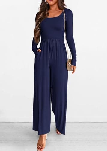 KIRUNDO Long Sleeve Jumpsuit for Women 2026 Spring Outfits Summer One Piece Square Neck Wide Leg Pants Romper With Pockets(Navy, X-Large) - Thumbnail 4
