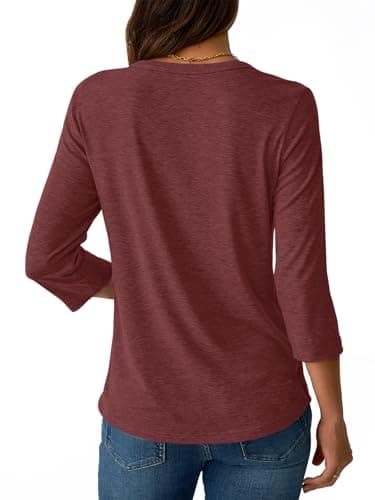 NORACORA Womens 3/4 Sleeve Tops Spring Summer Round Neck Dressy Shirts Tunic Pleated Tees Business Casual T-Shirts Fall Goning Out Outfits Wine Red L - Thumbnail 5