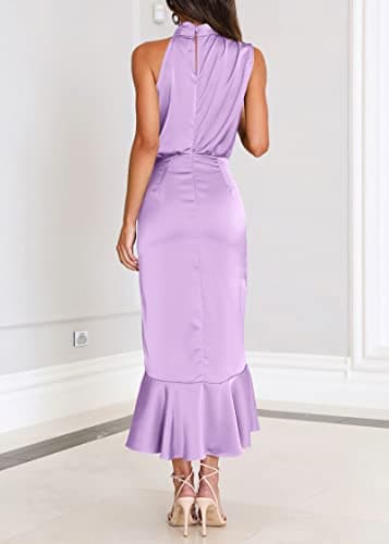 KIRUNDO Women 2026 Spring Summer Satin Mock Neck Wedding Guest Party Cocktail Midi Dress Sleeveless Wrap Ruffle Formal Dress(Purple, XX-Large) - Thumbnail 5