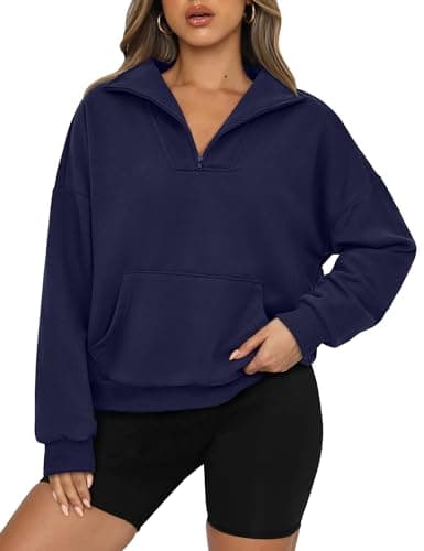 PRETTYGARDEN Womens Quarter Zip Long Sleeve Cropped Sweatshirt 2026 Fall Winter Casual V Neck Pullover Tops With Pockets(Navy,Large) - Image 1