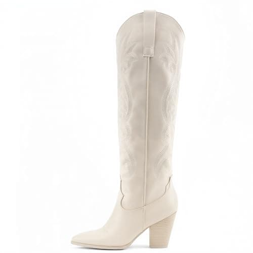 WIRALOMI Women Fashion Cowboy Cowgirl Boots Chunky Block Heel Western Knee High Boots Pull On High Heel Boots - Thumbnail 5