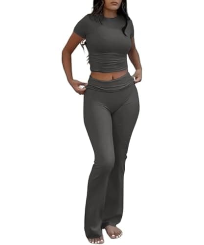 DLOODA Two Piece Sets for Women Matching Lounge Set Short Sleeve Crop Top Fold Over Flare Pants Travel Outfits Deep Grey X-Large - Image 1