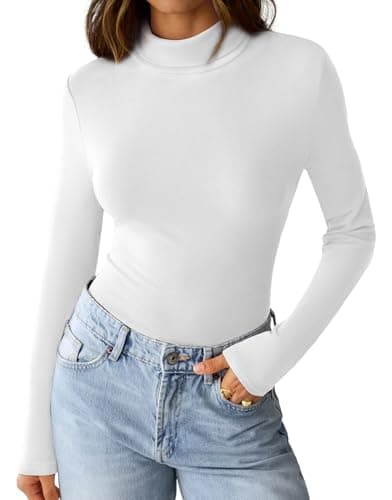 GKBK Womens Long Sleeve Shirts Mock Turtleneck Turtle Neck Fall Fashion Basic Thermal Underwear Layer Tops Tight Slim Fit Cute Ribbed T-Shirts Winter Pullover Clothes 2025 White S - Thumbnail 5