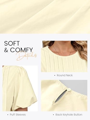 Funlingo Womens Summer Babydoll Tops Short Puff Sleeve Blouses Casual Loose Fit Flowy Crew Neck Pleated Shirts Fashion Clothing Beige XL - Thumbnail 5