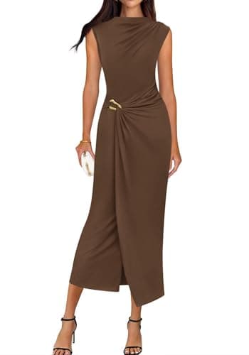 BTFBM Dresses for Women 2026 Summer Clothes Formal Bodycon Mock Neck Cap Sleeve Midi Party Cocktail Wedding Guest Dress(Brown, XX-Large) - Image 1