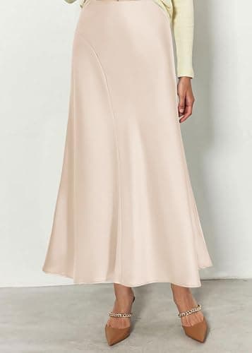 KIRUNDO Women Spring Summer Satin Maxi Skirt 2026 Trendy High Waisted Wedding Cocktail Party Work Silk A-Line Formal Skirts(Beige, Small) - Thumbnail 5