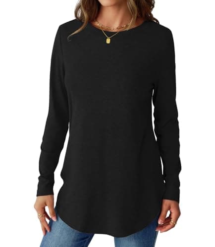NORACORA Womens Long Sleeve Round Neck Shirts Side Split Basic Loose Tunic Tops Casual 2025 Trendy T Shirts Blouse Black S - Thumbnail 4