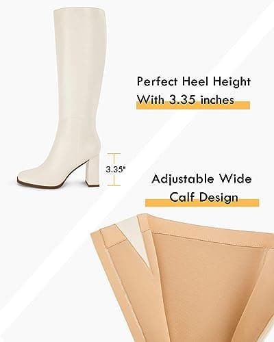Coutgo Womens Wide Calf Knee High Boots Chunky High Heel Square Toe Fashion Leather Shoes with Side Zipper,White,Size 10 - Thumbnail 4