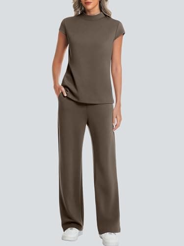 Casly Lamiit Two Piece Lounge for Women Summer Mock Neck Short Sleeve Tops Lounge Set Travel Airport Vacation Outfits Resort Wear Coffee M - Thumbnail 3