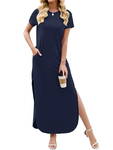 Heymoments Womens Summer Maxi Dress Navy Blue XX-Large Short Sleeve Casual Loose Fitted Long T Shirt Ladies Flowy Dresses Split Cute Vacation Party Beach Travel Elegant Sundress with Pockets - Image 1