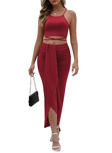 HUUSA Elegant Plus Size Slit Bodycon Maxi Skirt Sets for Women Date Night Crewneck Sleeveless Tank Shirt Tops 2 Piece Ruched High Waist Skirt Bottom Sundress Red 3XL - Image 1