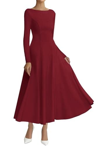 BTFBM Spring Dresses for Women 2026 Trendy Boat Neck Long Sleeve A Line Flowy Knit Loose Casual Elegant Party Maxi Dress(Burgundy, XX-Large) - Image 1