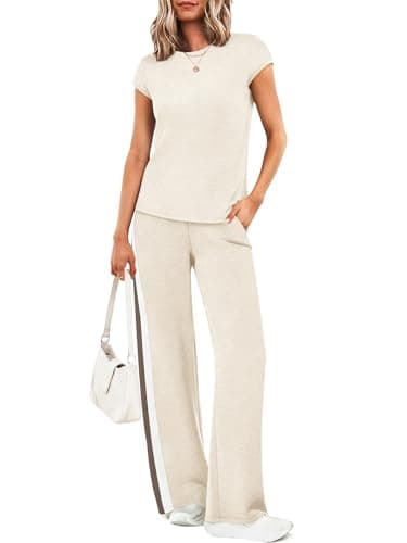 Casly Lamiit 2 Piece Sets for Women Crew Neck Travel Summer Outfits Casual Lounge Set Cap Sleeve Beige M - Image 1