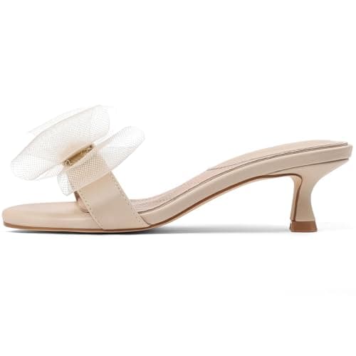 Tarkwa Kitten Heels for Women Open Round Toe Low Heels Sexy Vintage Mules with Bow Slip On Backless Heeled Sandals, Fashion Dress Shoes for Daily, Weeding, Party, Casual Beige 9 - Image 1