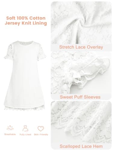 ALLOVIN Girls & Toddlers Graduation Soft Lace A-Line Short Sleeve Birthday Party Flower Girl Dress Wedding Communion | White | 3T - Thumbnail 5