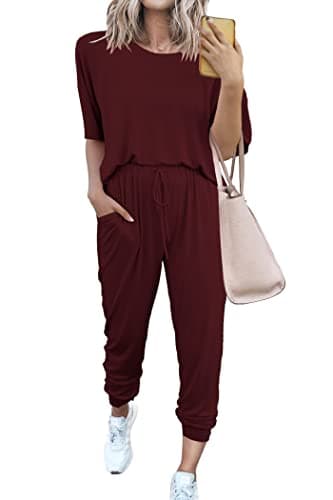 PRETTYGARDEN Women's Two Piece Lounge Sets 2026 Spring Summer Jogger Pants Vacation Outfits Travel Airplane Matching Clothes (Wine Red,X-Large)
