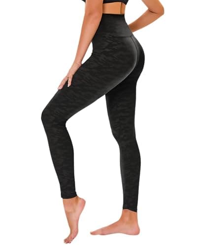 High Waisted Leggings for Women - No See Through Tummy Novelty Workout Yoga Pants with Pockets Reg & Plus Black Camouflage - Image 1
