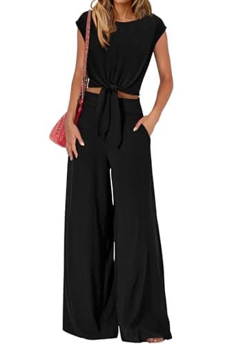 PRETTYGARDEN Women 2 Piece Lounge Sets 2026 Casual Summer Outfits Cap Sleeve Strappy Crop Tops Wide Leg Pant Tracksuit(Black,Small) - Image 1