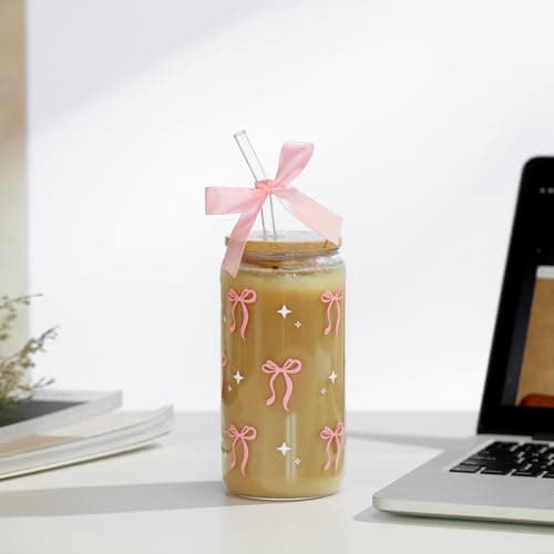 LANGASQUE Coquette Pink Bow Glass Cup with Lids and Straws, 16 oz Cute Glass Cup, Aesthetic Iced Coffee Tumbler with Gift Box Cleaning Brush for Teen Girls Gifts Trendy Stuff Women Girlfriends Gifts - Thumbnail 6