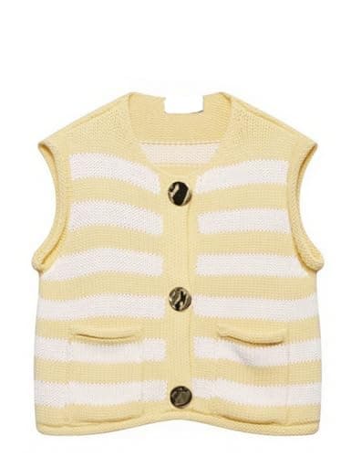 Fmkagva Womens Striped Cropped Sweater Vest Knitted Vests Top Button Down Crew Neck Sleeveless Cardigans with Pockets (Yellow-L) - Image 1