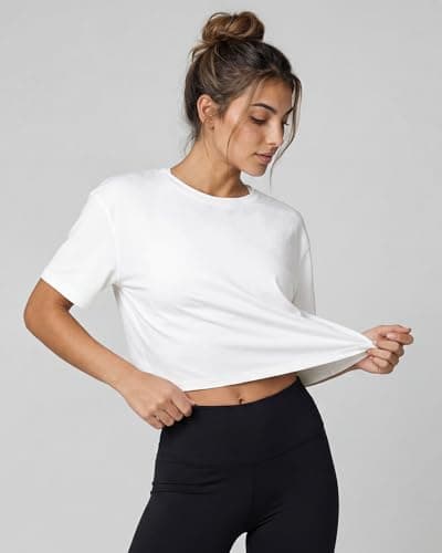 Stelle Womens Workout Crop Top Loose Short Sleeve Shirt Quick Dry UPF 50+ Sun Protection Moisture Wicking Boxy Tee for Running Athletic White Medium - Thumbnail 4